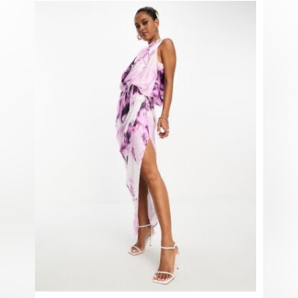 Asos NWT satin one shoulder ruched dress with high slit. Purple marble